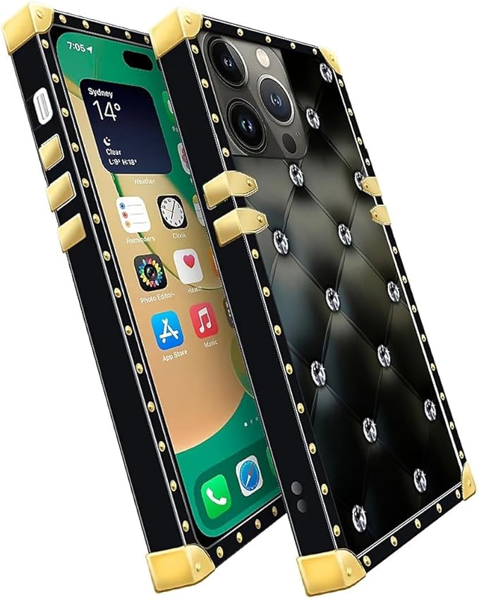 Compatible with iPhone 14 Pro Max Case, Shiny Black Sofa Crystal Luxury Golden - Image 3