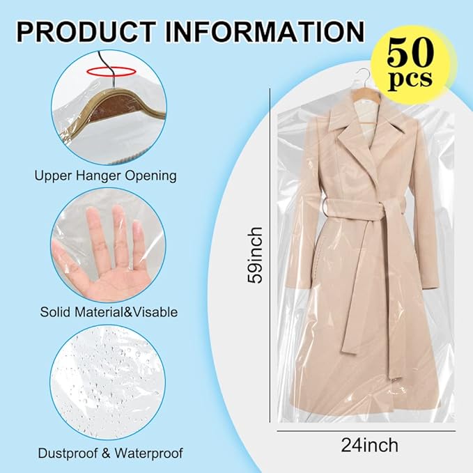 BEISHIDA 50PCS 60 Inch Plastic Garment Bag-Plastic Clear Dry Cleaner Laundry - Image 2