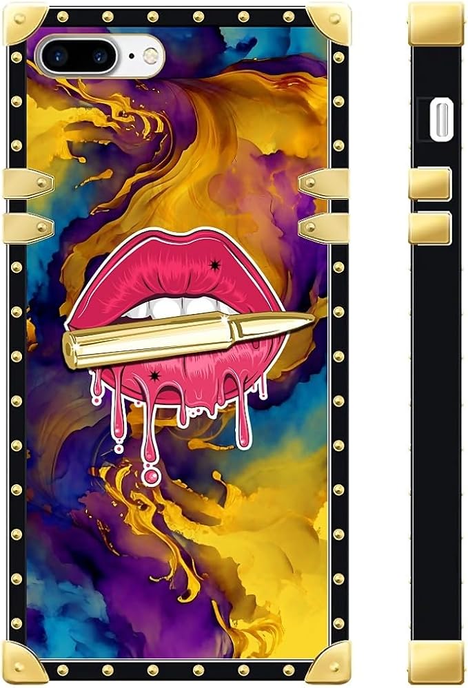 Compatible with iPhone 8 7 SE Case, Cool Corlorful Lip Marble Luxury Golden - Image 3