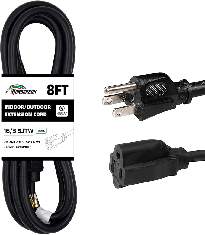8FT Outdoor Extension Cord-16/3 SJTW Durable Black 3 Prong Grounded Plug Power by HONDERSON