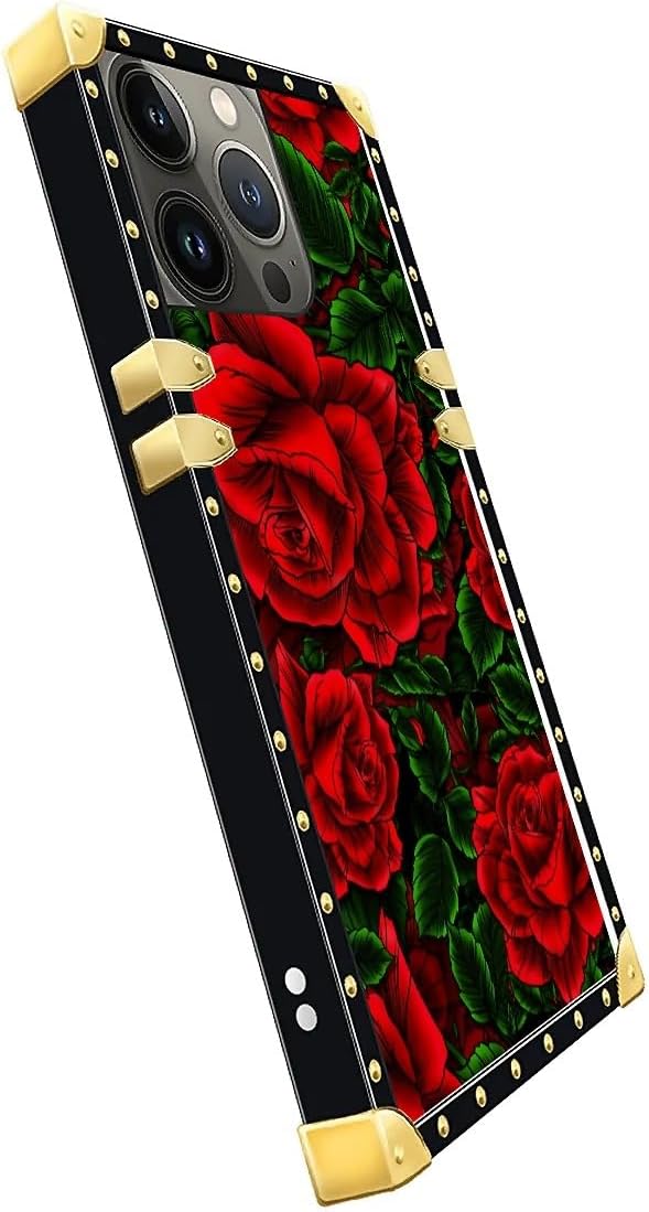 Compatible with iPhone 14 Pro Case, Vector Red Rose Green Leaf Luxury Golden - Image 4