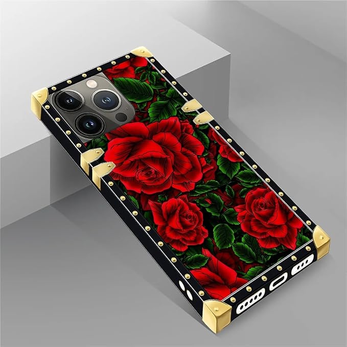 Compatible with iPhone 14 Pro Case, Vector Red Rose Green Leaf Luxury Golden - Image 5