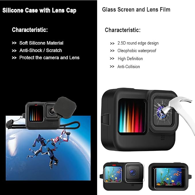 Accessories Kit for Gopro Hero 13 12 11 10 9 Black Waterproof Housing Silicone - Image 5