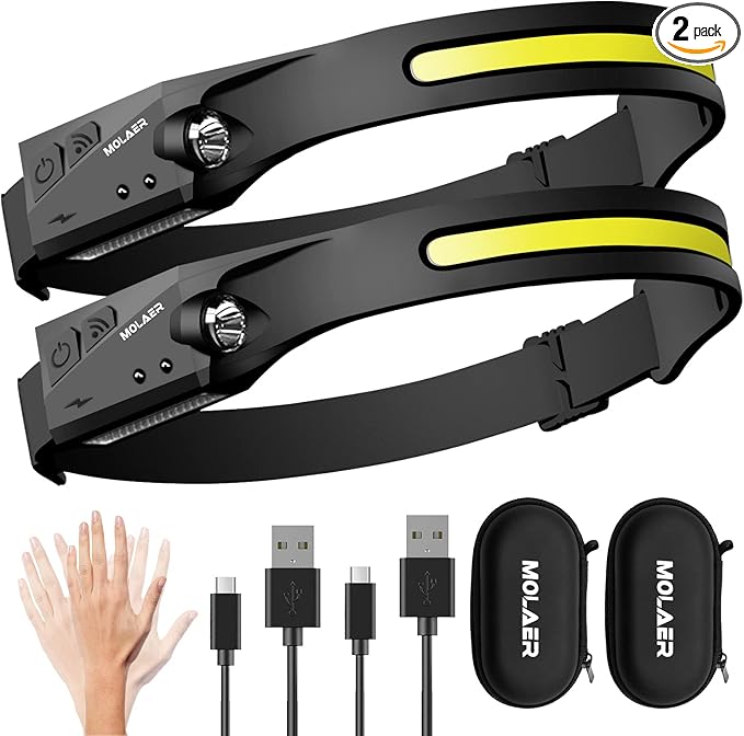 LED Headlamp Rechargeable Flashlight, Lightweight, Weatherproof, 2 Light Source by MOLAER