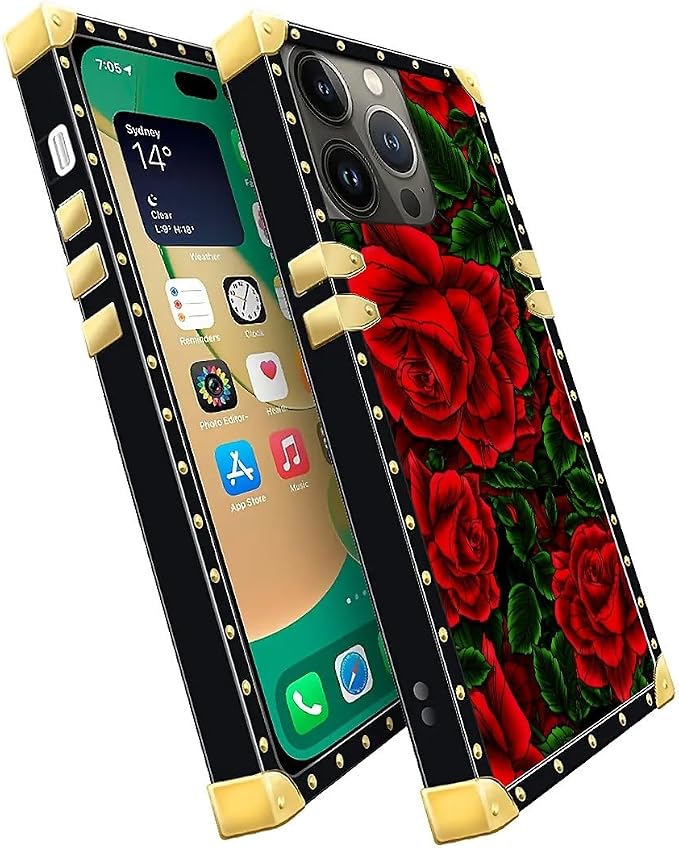 Compatible with iPhone 14 Pro Case, Vector Red Rose Green Leaf Luxury Golden - Image 3