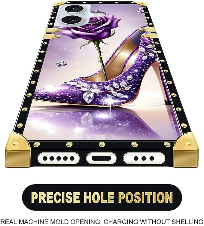 Compatible with iPhone 16 Case, High Heeled Purple Diamond Rose Luxury Golden - Image 6
