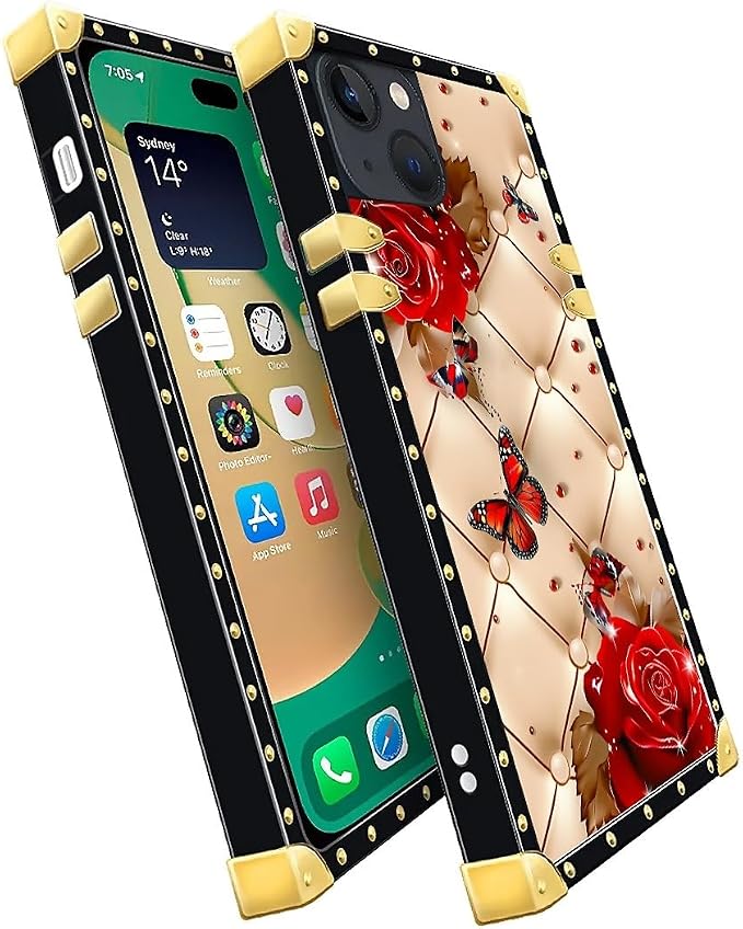 Compatible with iPhone 14 Case, Shining Red Rose Butterfly Leather Background - Image 3