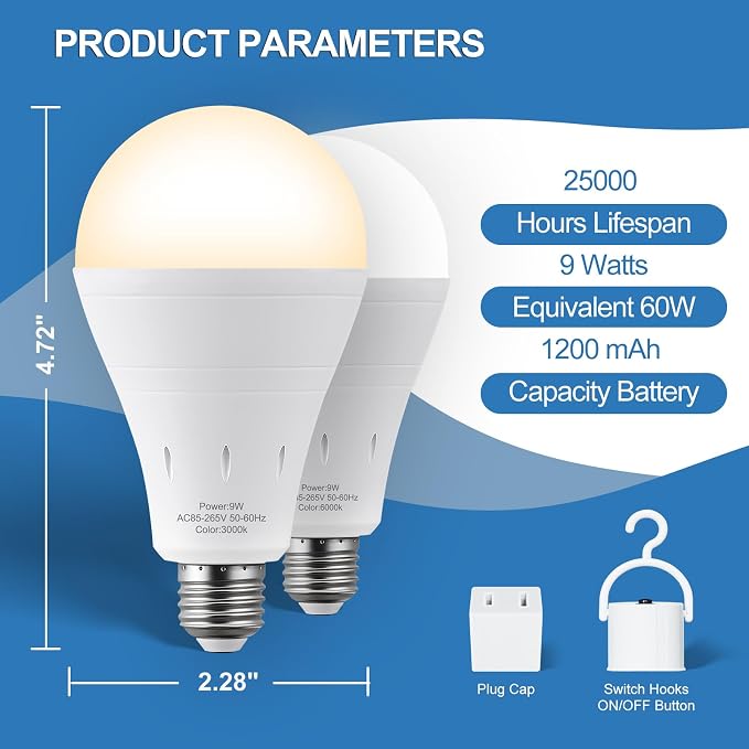 3Pack Rechargeable Emergency Light Bulb, A19 9W Warm White 3000K Self-Charging - Image 9