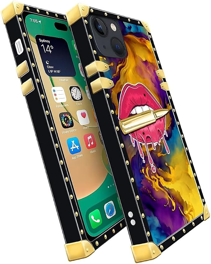 Compatible with iPhone 14 Case, Cool Corlorful Lip Marble Luxury Golden - Image 3