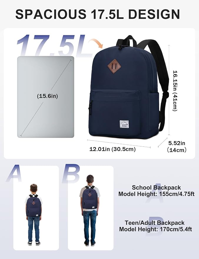 VASCHY Lightweight Backpack for School, Classic Basic Water Resistant Casual - Image 2