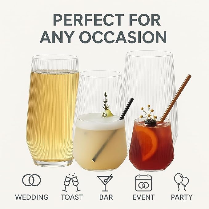 Oojami 48 Pack Ribbed Origami Ripple Plastic Glasses, 24 Stemless 9oz Champagne - Image 3