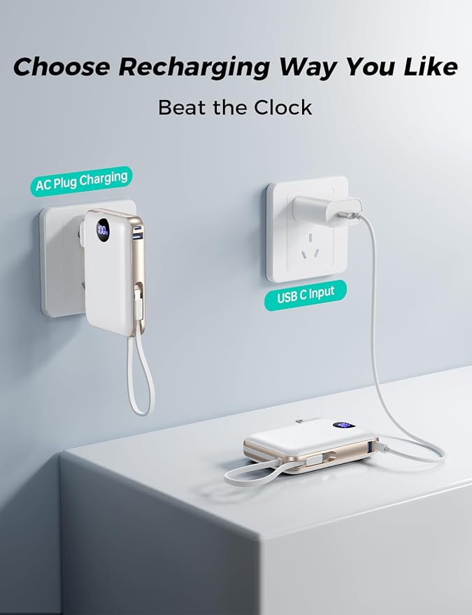 Portable Charger with Built-in Cables & Wall Plug, 10000mAh Power Bank - Image 4