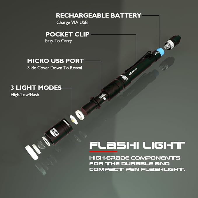 okcomuy Rechargeable LED Pen Light Flashlight, 300 Lumens IP67 Waterproof - Image 3
