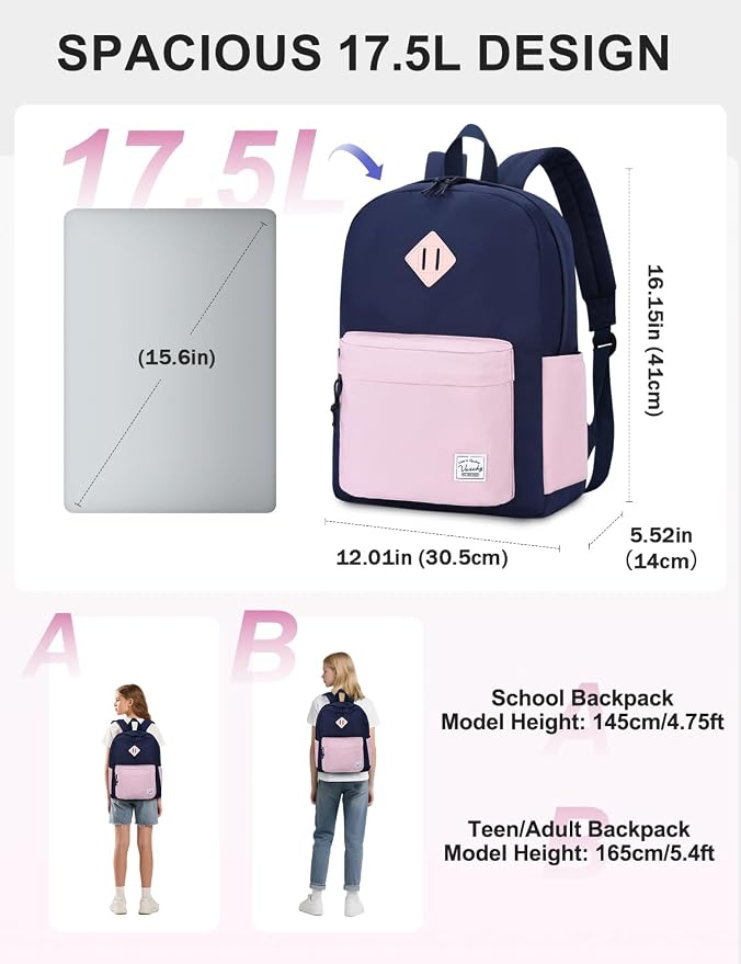 VASCHY Lightweight Backpack for School, Water Resistant Classic Bookbag - Image 2