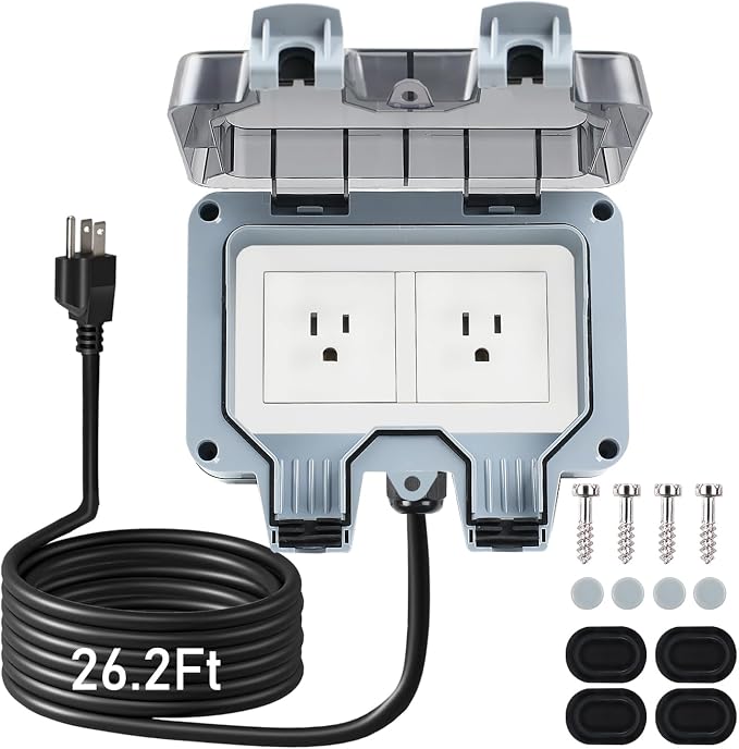 Outdoor Power Outlet Box with 26.3Ft Extension Cord, NEMA 5-15R, STW 14 AWG by ZUYIYI