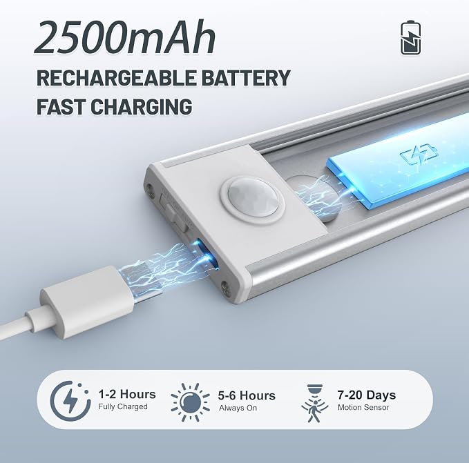 6 Pack Under Cabinet Lighting Wireless, 50 LED Rechargeable Battery Motion - Image 4