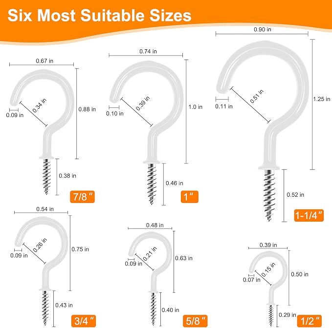 100 PCS Screw in Cup Hooks, 6 Size Vinyl Coated Screw Ceiling Wind Chimes Cup - Image 3