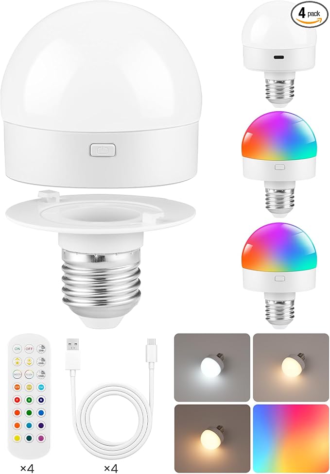 Rechargeable Light Bulbs with Remote Control, 4 Packs Battery Operated Light by GOEBLESON