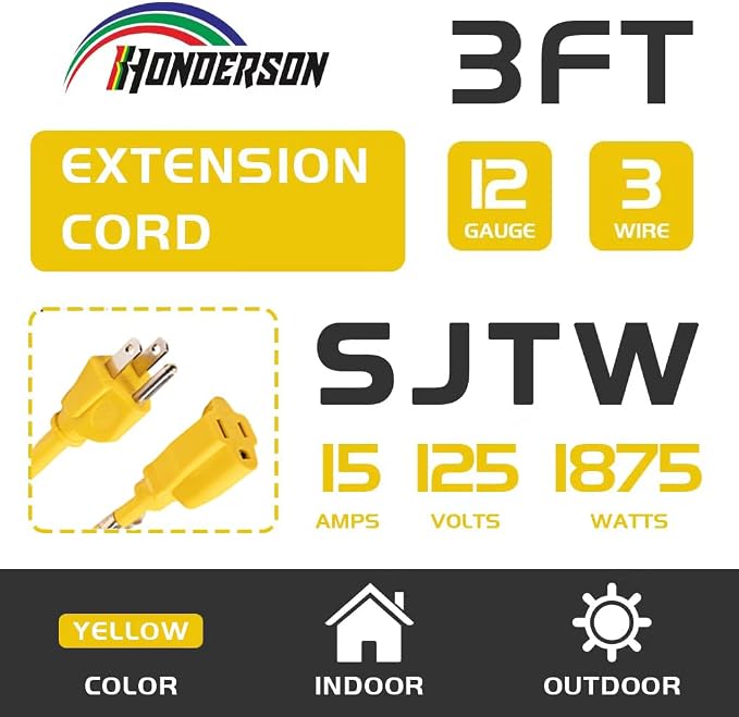 Extension Cord Weatherproof, UL Certified, 12 Gauge 3FT Yellow 3 Prong Heavy - Image 2