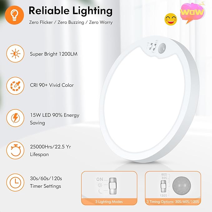 Brightever 2 Pack Motion Sensor Ceiling Light Wired, 2700K/4000K/6500K Small - Image 6