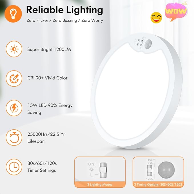 Brightever 7 Inch Motion Sensor Ceiling Light Wired, 15W 1500LM Close to - Image 6
