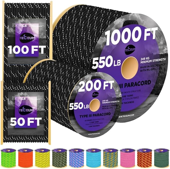 TECEUM Reflective Paracord Rope 1000 – 1000ft/200ft/100ft/50ft – 40+ Colors – by TECEUM