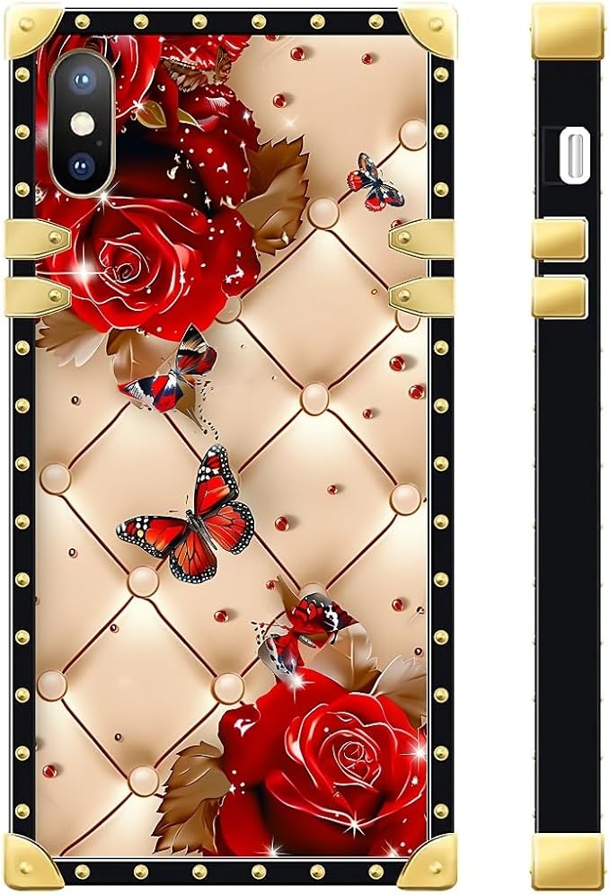 Compatible with iPhone XR Case, Shining Red Rose Butterfly Leather Background - Image 3