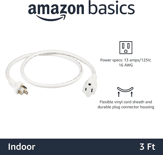 Amazon Basics Extension Cord, 3 Ft, 3-Prong Outlet Extender, Indoor Use - Image 2