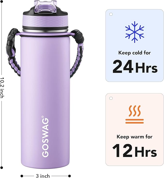 GOSWAG Insulated Sports Water Bottle, 24oz 2 Lids, Stainless Steel Water Bottles - Image 2