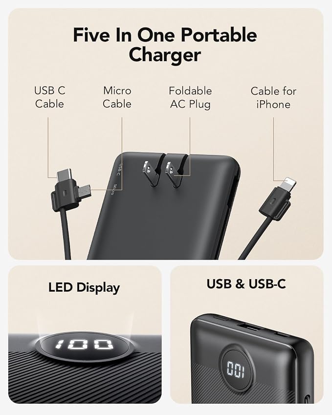 Portable Charger, Power Bank Built-in Cables and AC Wall Plug, VRURC USB C - Image 2