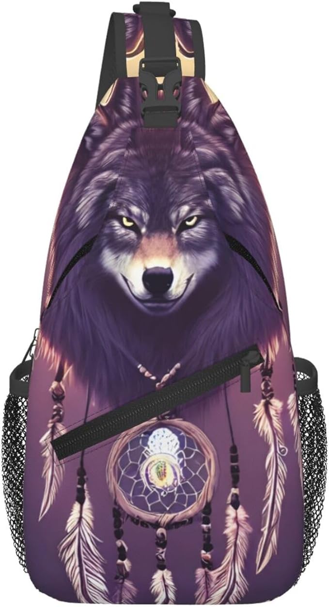Dream Catcher Wolf Sling Bag For Women Men Wolf Pattern Backpack Crossbody by Unknown