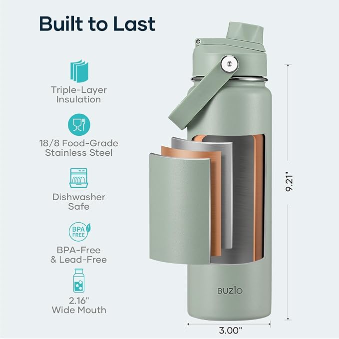 BUZIO 24 oz Water Bottle Insulated, Leakproof Stainless Steel Flask, Wide Mouth - Image 4