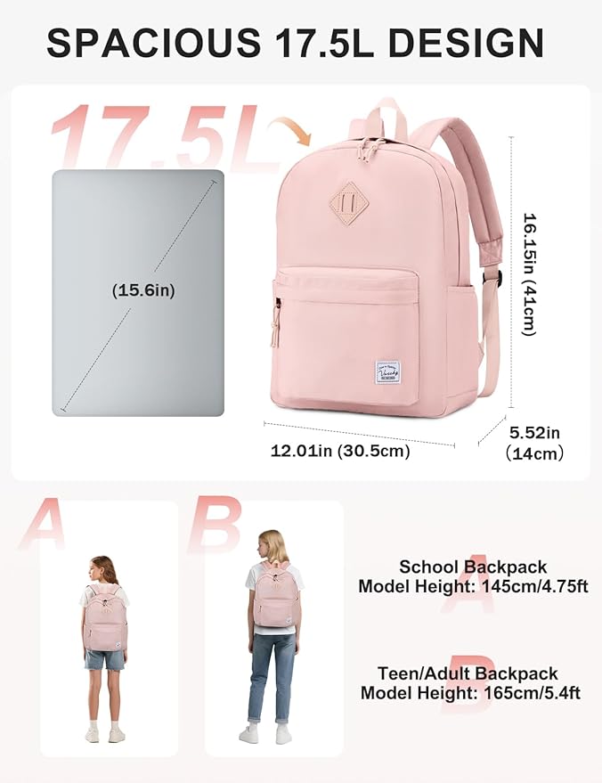VASCHY Lightweight Backpack for School, Water Resistant Classic Bookbag - Image 2