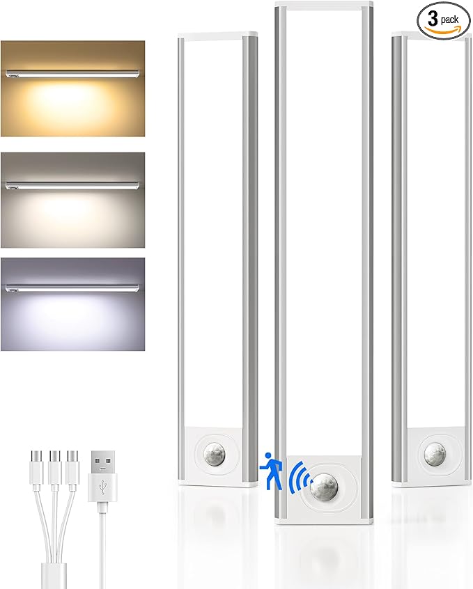 8inch Under Cabinet Lighting Wireless, LED Closet Lights USB Charging, 3 Color by AMETHEUS