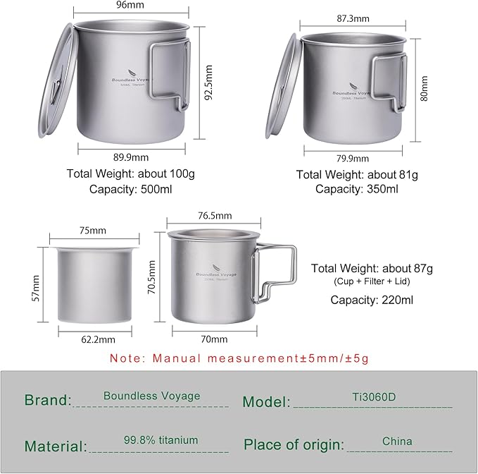 iBasingo Titanium Cup Set with Lid Foldable Handle Single-walled Camping Mug - Image 2