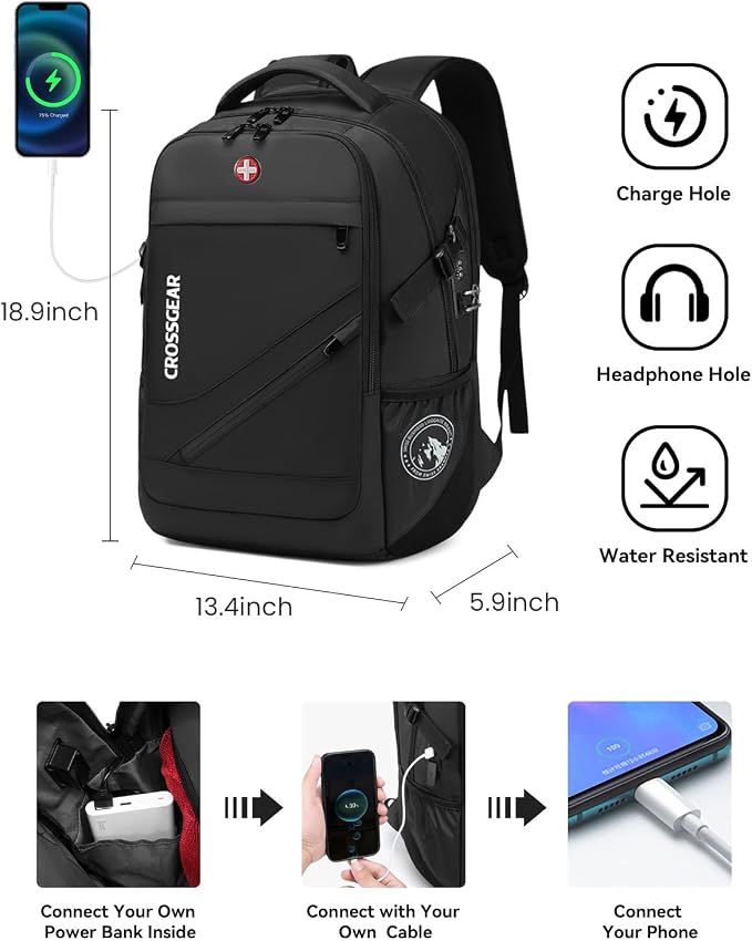 CROSSGEAR Travel Laptop Backpack Anti Theft Fits 17.3 Inch Laptop - Image 3