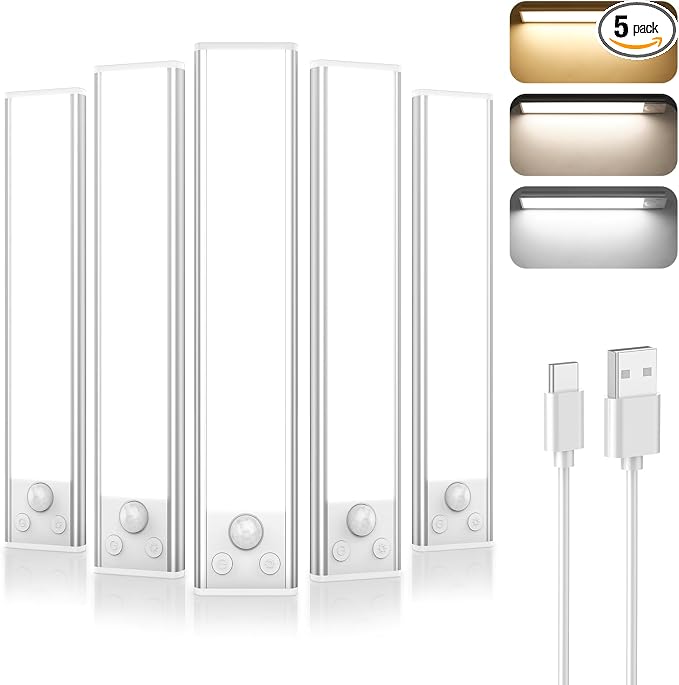 5-Pack Under Cabinet Lighting, 1800mAH Rechargeable Battery Operated Motion by Brightever