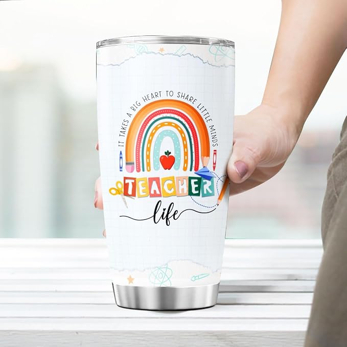 Teacher Appreciation Gift for Women, Cute Rainbow Design Stainless Steel Tumbler - Image 6