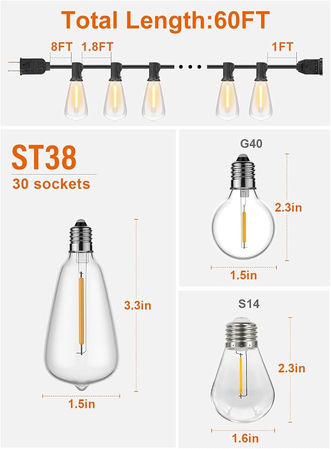 GPATIO Outdoor String Lights, 60FT Waterproof Patio Lights - Image 2