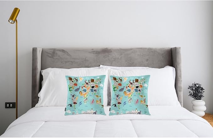 Swono World Map Throw Pillow Covers, Cartoon Forests Animal Map of The World - Image 3
