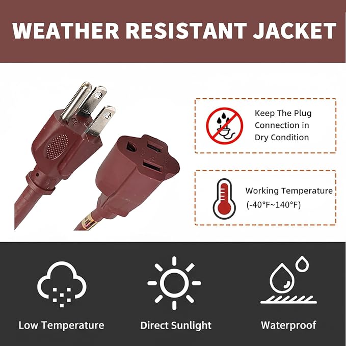 8FT Brown Outdoor Extension Cord-16/3 SJTW Durable Extension Cord - Image 6