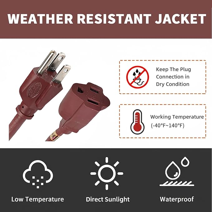 12FT Brown Outdoor Extension Cord-16/3 SJTW Durable Extension Cord - Image 6