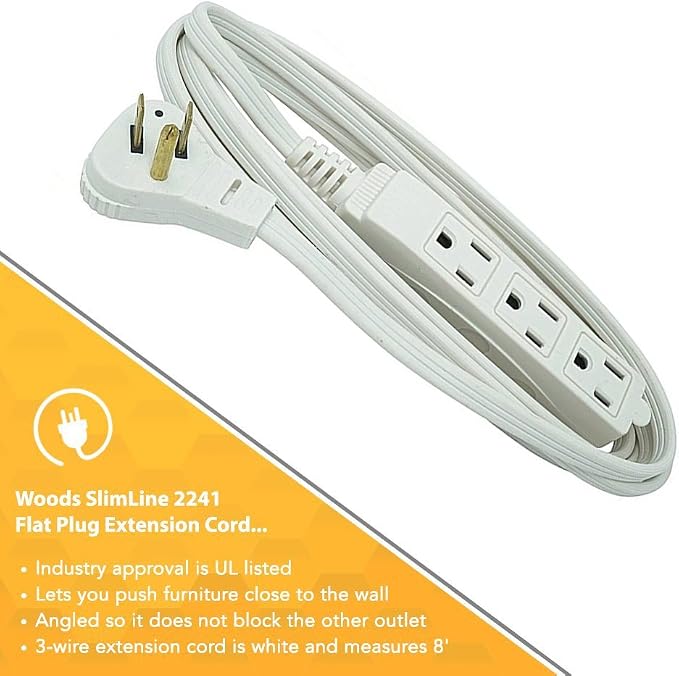 Woods SlimLine Indoor Flat Extension Cord, 8 Ft, 16 Gauge Right Angle Plug - Image 4