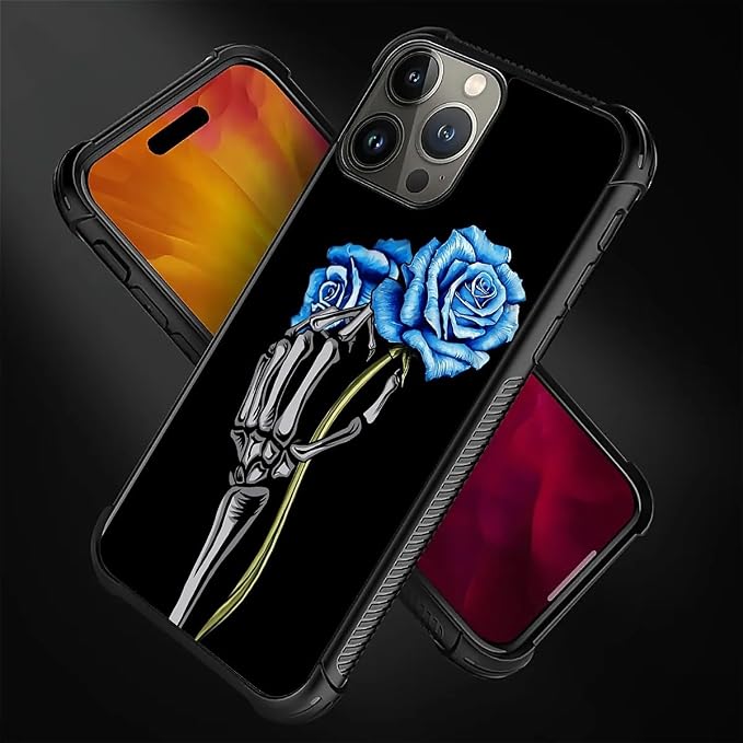 for iPhone 16 Pro Max Case, Skeleton Holding Blue Rose Pattern Graphic Design - Image 5