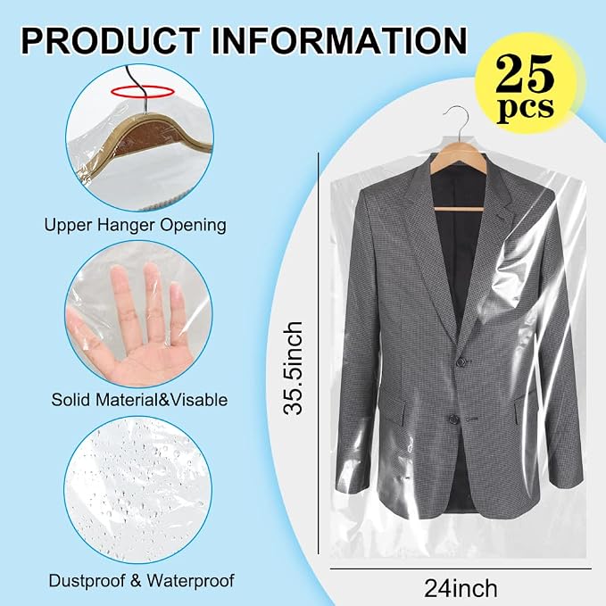 BEISHIDA 25PCS 35.5 Inch Plastic Garment Bag-Plastic Clear Dry Cleaner Laundry - Image 2