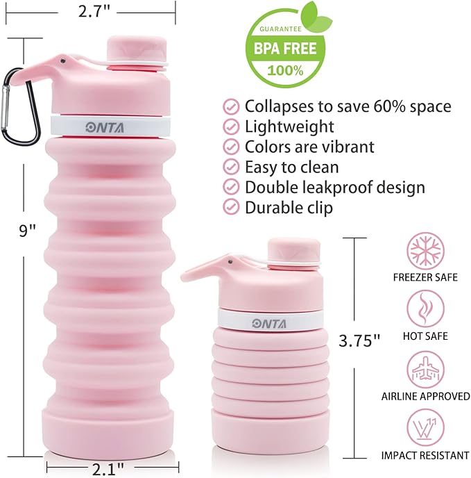 ONTA Collapsible BPA Free Silicone Water Bottle, 20oz - Image 3
