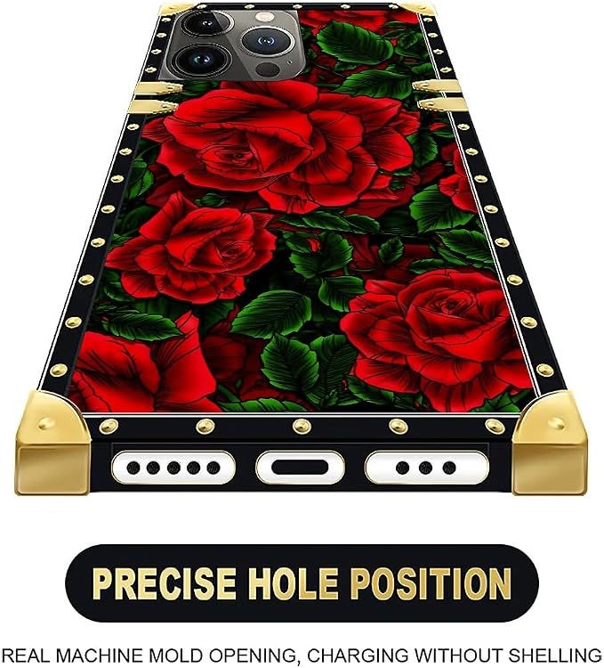 Compatible with iPhone 16 Pro Case, Vector Red Rose Green Leaf Luxury Golden - Image 5