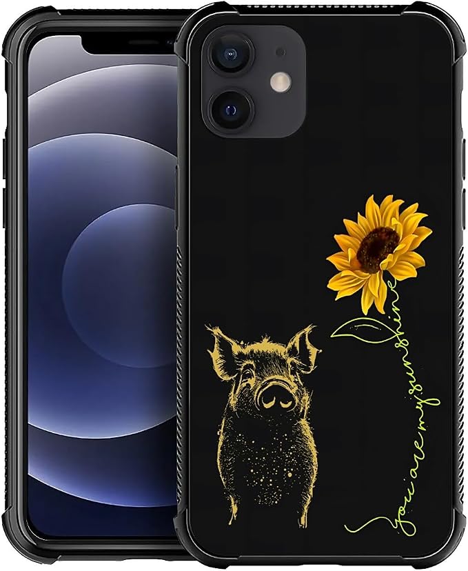 for iPhone 12/12 Pro Case, Pig Sunflower Yellow Sunshine Pattern Graphic Design by FKBRCL4U