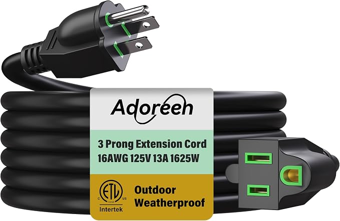 Adoreen Outdoor Power Extension Cord 15 Ft, 3 Prong 16 AWG Grounded Wire Heavy by Adoreen