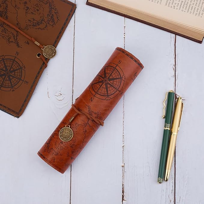 GORGECRAFT Canvas PU Leather Pencil Bag Strap Vintage Treasure Map Compass - Image 4